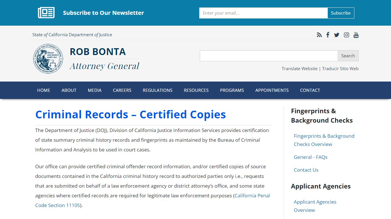 Criminal Records – Certified Copies - State of California